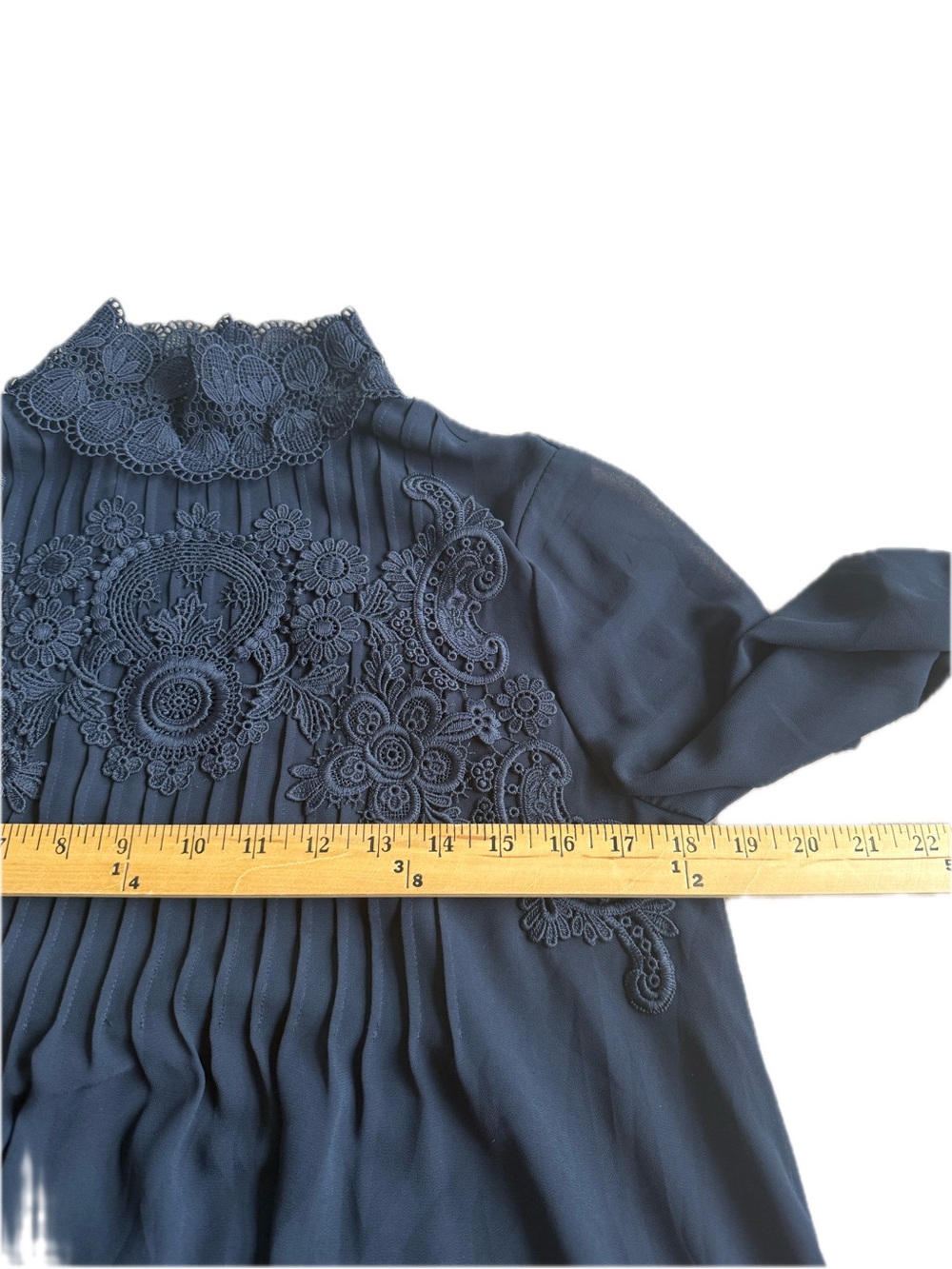 TED BAKER Lace-Yoke High Neck Blouse - Navy With Gold Button - Picture 11 of 11